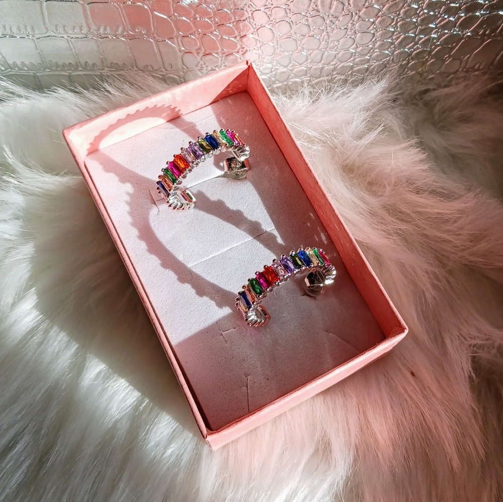Multicolored Silver Hoop Earrings - Picture 3 of 10